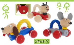 Greenkid pull-along and push-along wooden toys. Wooden animals with a rope on wheels: Ladybird - Doggy - Mouse - for children's joy by Abafactory the Czech manufacturer of wooden toys.