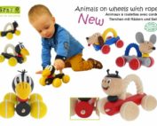 Greenkid pull-along and push-along wooden toys. Wooden animals with a rope on wheels: Ladybird - Dog - Raven - Mouse - for children's joy by Abafactory the Czech manufacturer of wooden toys.