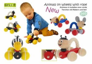Greenkid pull-along and push-along wooden toys. Wooden animals with a rope on wheels: Ladybird - Dog - Raven - Mouse - for children's joy by Abafactory the Czech manufacturer of wooden toys.