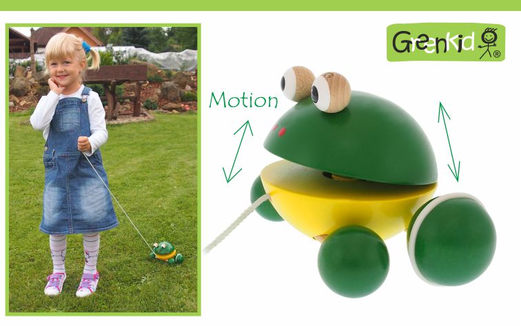 Greenkid quality and safe pull-along toys for children's joy. Wooden pull-along animal - small Frog on wheels. Abafactory the Czech manufacturer of wooden toys.