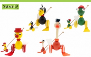 Quality wooden push-along toys Greenkid with flappy feet with original design. Colourful and happy wooden animals Raven, Duck, Ostrich and Frog for boys and girls from one year fo age. Czech product safe for children by Abafactory.