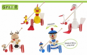 Greenkind wooden push-along toy with flappy feet. Wooden toy Chicken and Stork for boys and girls by Abafactory the Czech manufacturer of wooden toys. Cow and sailor with jingle bell.