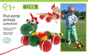 Greenkid quality and safe pull-along toy for children's joy. Wooden pull-along animal - colourful Dragon on wheels. Abafactory the Czech manufacturer of wooden toys.