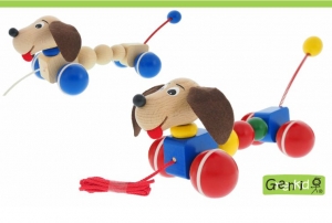 Greenkid quality and safe wooden pull-along toys. Colourful wooden animals on wheels: Doggy for boys and girls by Abafactory the Czech manufactuer.