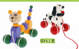 Greenkid quality and safe wooden pull-along toys. Colourful wooden animals on wheels: Doggy - Cat for boys and girls by Abafactory the Czech manufactuer.
