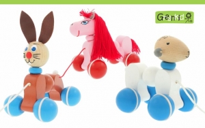 Greenkid quality and safe pull-along toys. Wooden pull-along animals for children's joy. Abafactory the Czech manufacturer of wooden toys. Poney - Rabbit - Lamb.