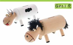 Greenkid wooden money banks for children from one year of age. Original wooden toys and decoration with animals: cow and horse by Abafactory the Czech manufacturer of quality wooden toys.